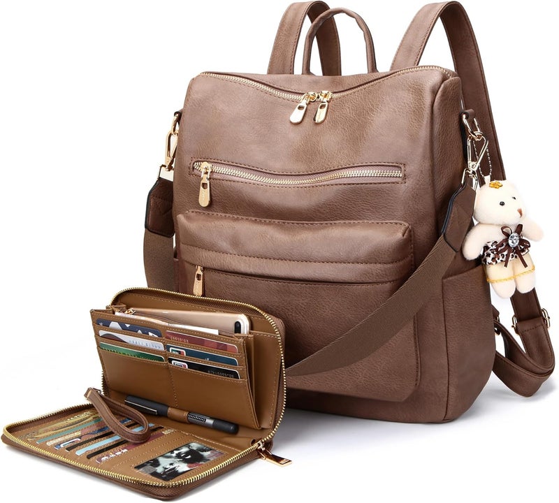 Soperwillton Women Backpack Purse Multipurpose Design Handbags Shoulder Bag PU Leather Travel bag Backpack Set 2pcs - Image 1